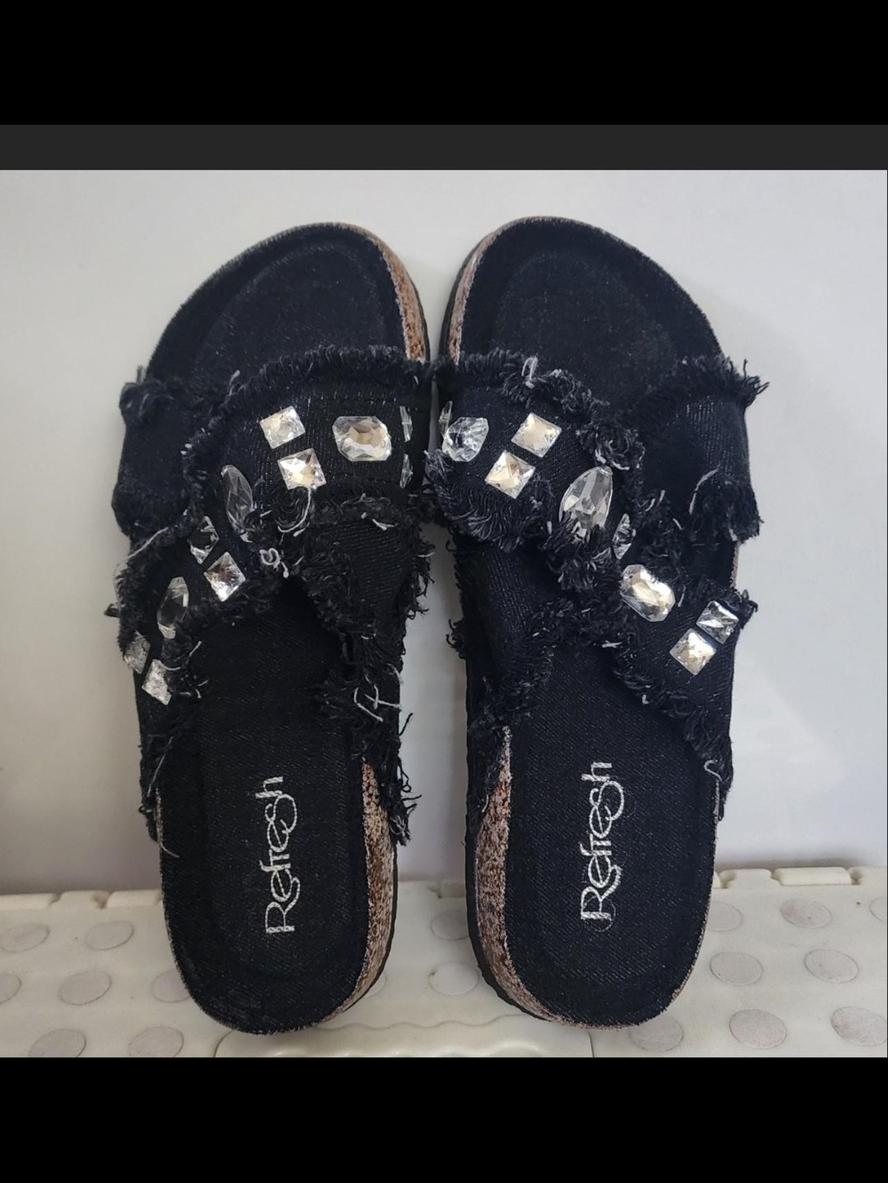 SZ 7 FRAYED BLACK DENIM RHINESTONE SLIDES SANDALS